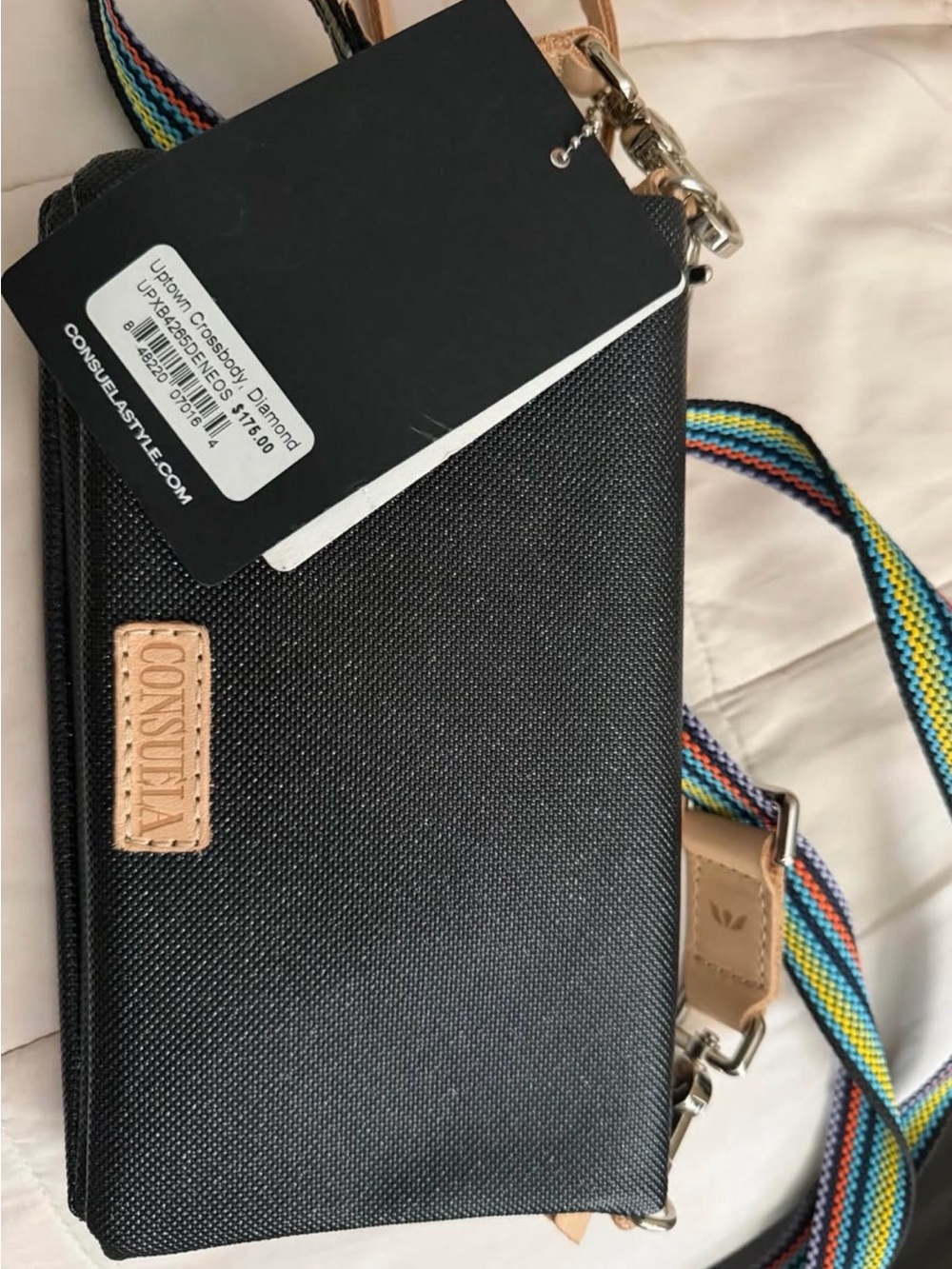 Consuela Black Crossbody with Multicolor Stripe Strap